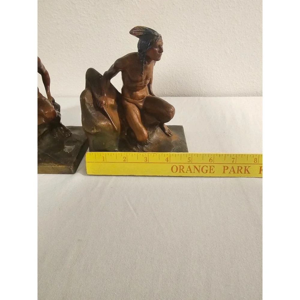 Vintage Native American Scout Cast Metal Polychrome Bookends Pair Bronze Tone
